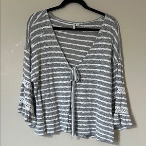 Tie-Front Striped Bell Sleeve Top - Gray & White